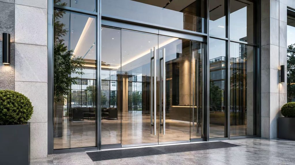 Commercial door hardware for modern glass buildings with stainless steel handles